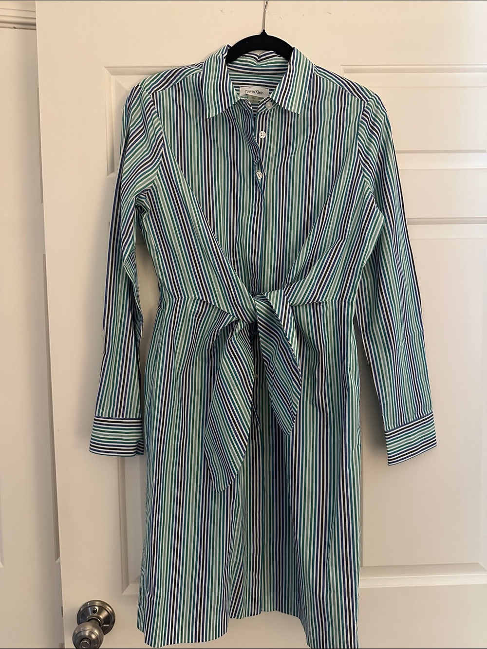 Calvin Klein Blue & Green Stripe Tie-Waist Long Sleeve Shirt Dress